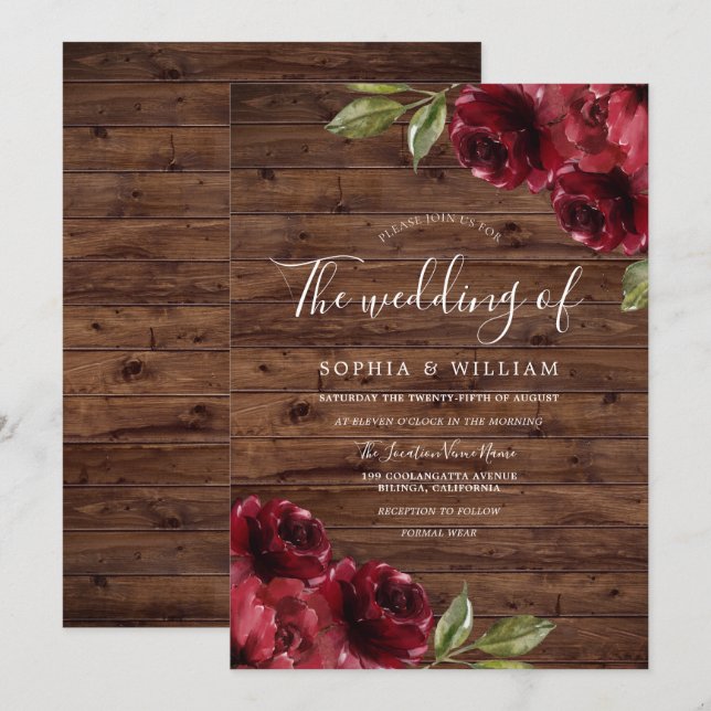 Invitation Rustique romantique Bourgogne Rouge Rose Mariage (Devant / Derrière)