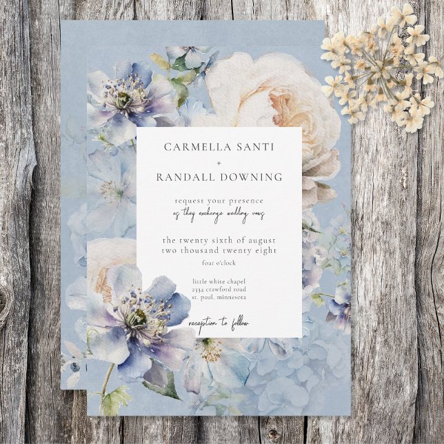 Invitation Rustique Romantique Dusty Bleu & Blanc Floral (Créateur téléchargé)
