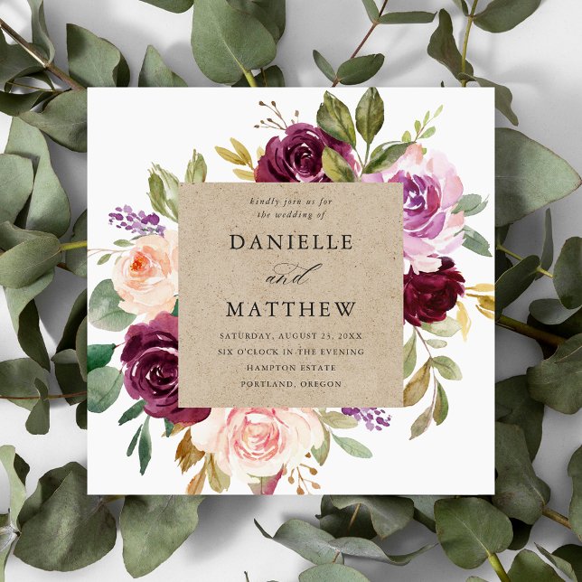 Invitation Rustique rose bordeaux et violet Mariage floral (Créateur téléchargé)