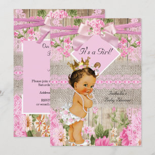 Invitation Rustique rose Burlap Fille Baby shower Brunette
