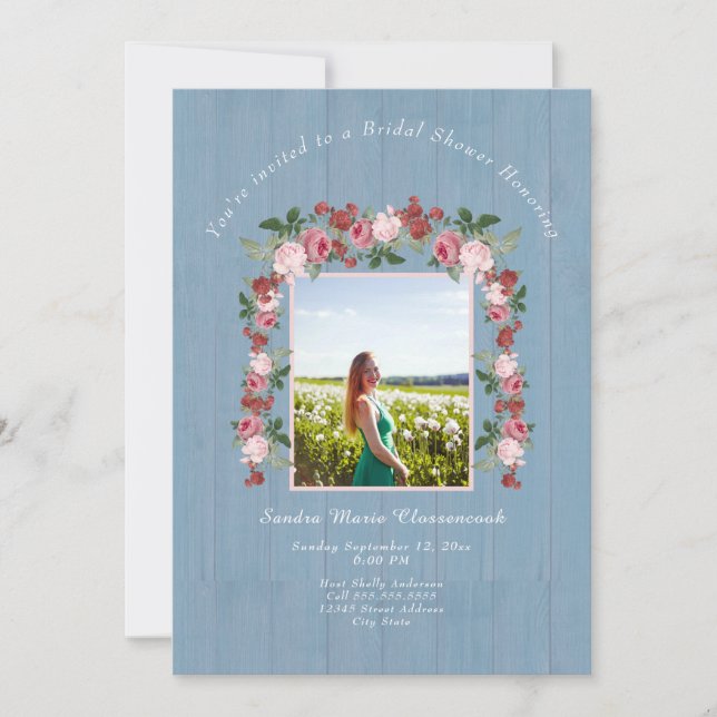 Invitation Rustique rose Floral Dusty Fête des mariées bleue (Devant)