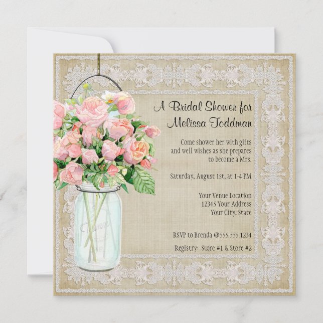 Invitation Rustique rose Floral Mason Jar Fête des mariées Ro (Devant)