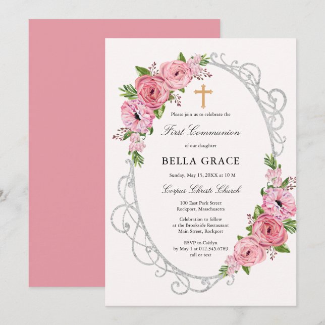 Invitation Rustique rose Floral Première sainte communion (Devant / Derrière)