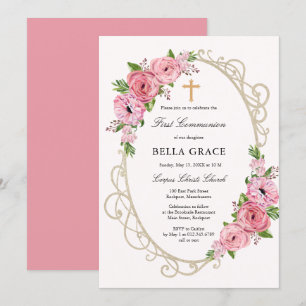 Invitation Rustique rose Floral Première sainte communion