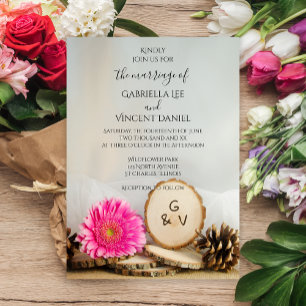 Invitation Rustique rose Gerber Daisy Natural Woods Mariage