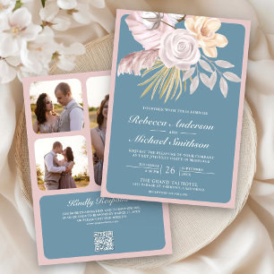 Invitation Rustique Rose Pâle Bleu Poussiéreux Code QR Floral