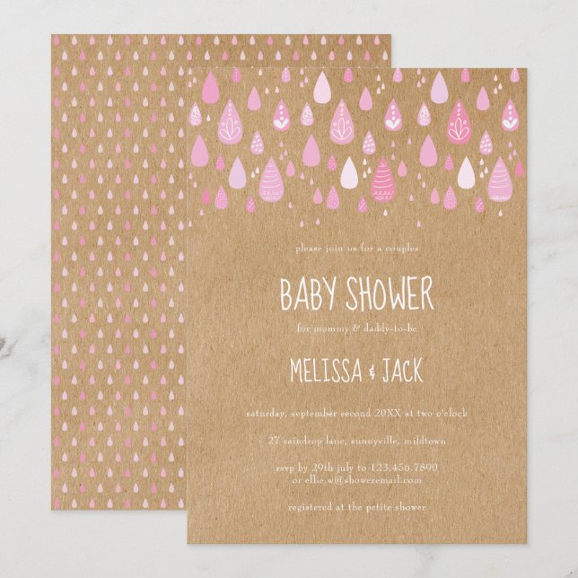 Invitation Rustique rose Raindrops Baby Girl Douche (Devant / Derrière)