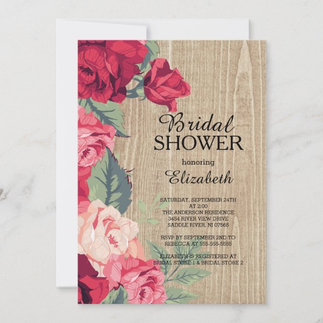 Invitation Rustique Rose Rouge Fleur nuptiale Douc (Devant)