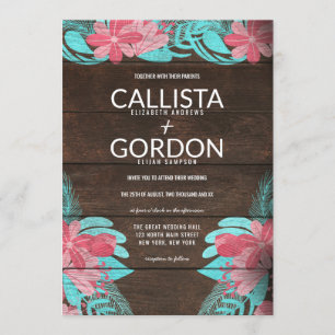 Invitation Rustique rose Turquoise Floral Bois Mariage