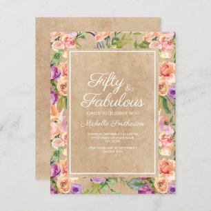 Invitation Rustique rose violet fleuri Kraft 50e anniversaire