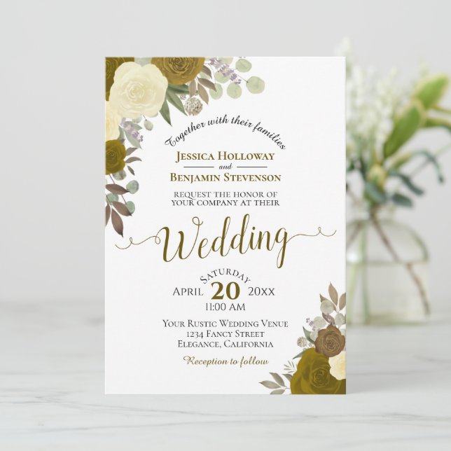 Invitation Rustique Roses d'aquarelle or Boho Mariage Floral (Debout devant)