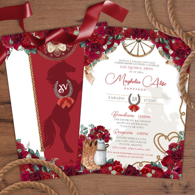 Invitation Rustique Rouge Charro Quinceañera de St (Créateur téléchargé)