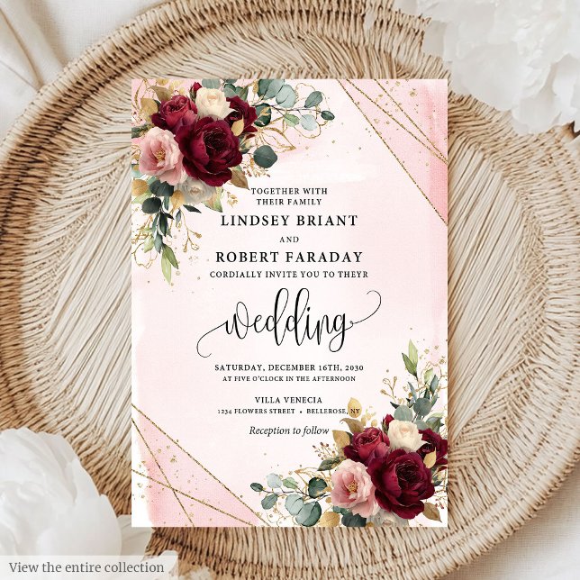Invitation Rustique rouge foncé or Blush Rose Mariage floral (Rustic Dark Red Gold Blush Roses Floral Wedding Invitation )