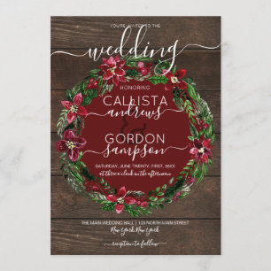 Invitation Rustique rouge vert Holly Floral Mariage en bois d