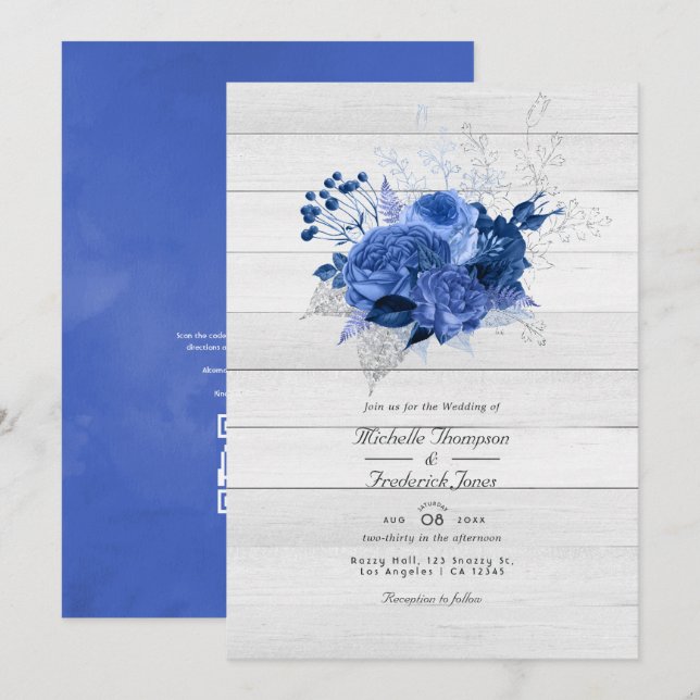 Invitation Rustique Royal Blue & Silver Floral QR Code Mariag (Devant / Derrière)