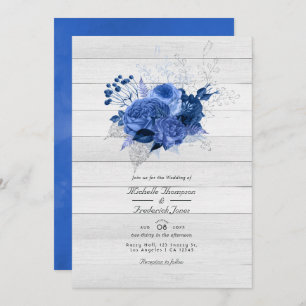 Invitation Rustique Royal Blue & Silver Floral QR Code Mariag