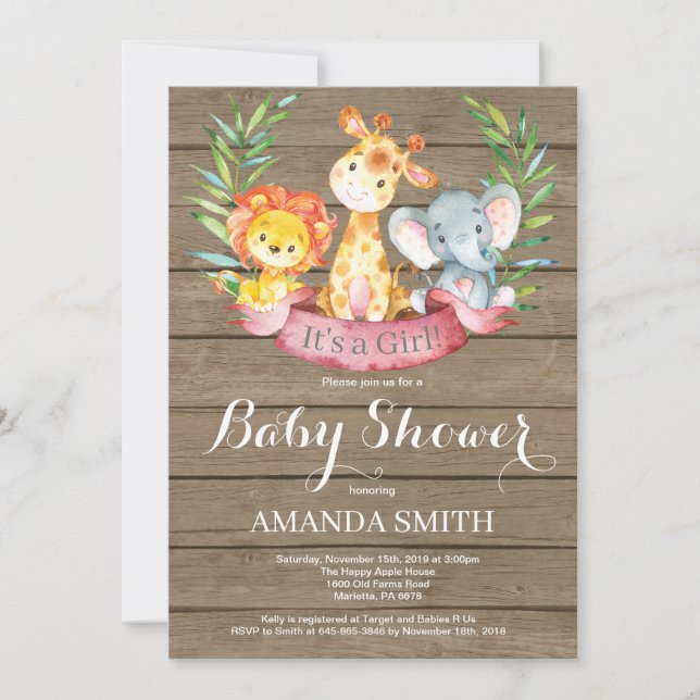 Invitation Rustique Safari Jungle Animaux Baby shower fille (Devant)