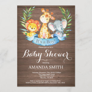 Invitation Rustique Safari Jungle Animaux Baby shower garçon