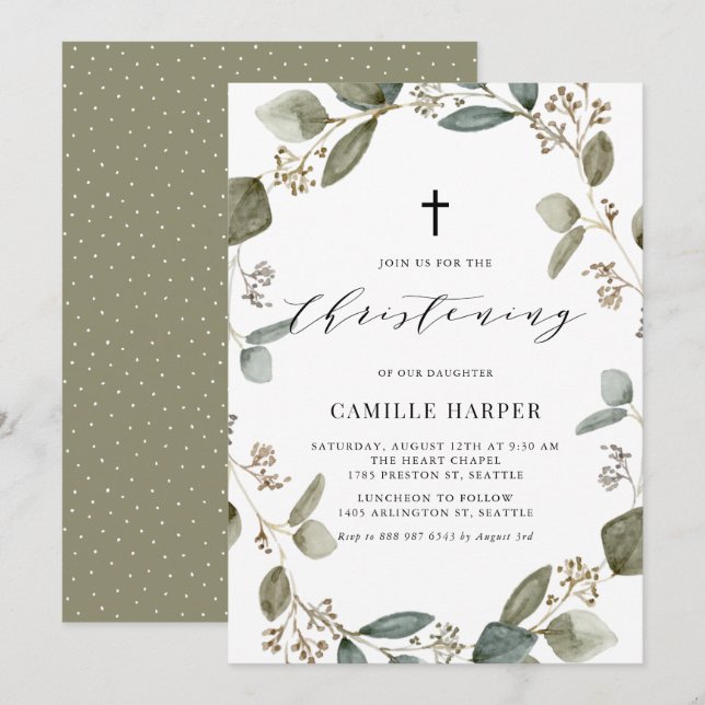 Invitation Rustique Semences Eucalyptus Wreath Christening (Devant / Derrière)