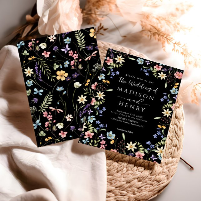 Invitation Rustique simple Fleur sauvage Mariage noir (Créateur téléchargé)