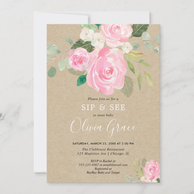 Invitation Rustique Sip et voir floral aquarelles rose pâle (Devant)