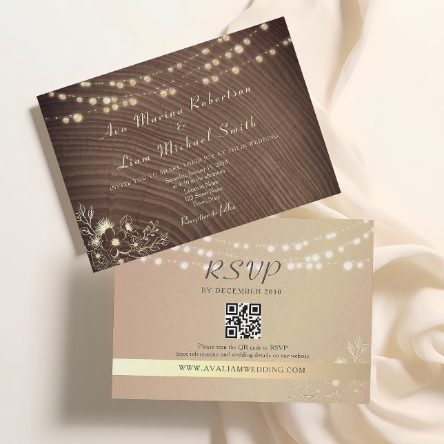 Invitation Rustique String lights QR Code Mariage (Créateur téléchargé)