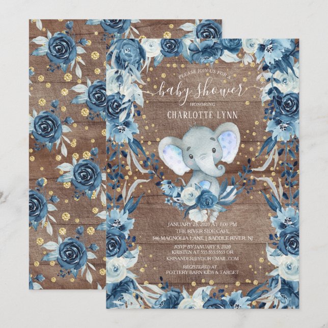 Invitation Rustique Sweet Baby Boy Elephant Baby shower (Devant / Derrière)