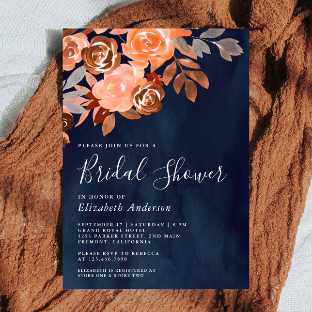 Invitation Rustique Terracotta Floral Navy Fête des mariées b (Créateur téléchargé)