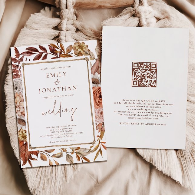 Invitation Rustique Terracotta Florals frontière QR Code Mari (Front and back view)