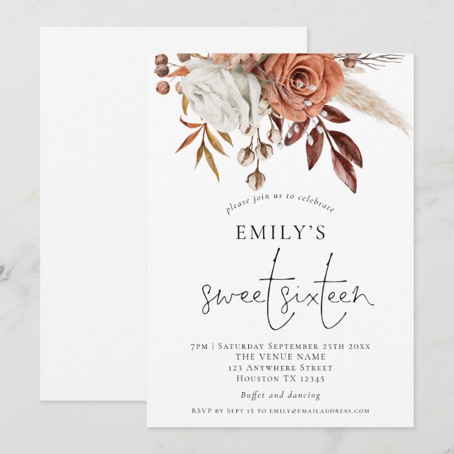 Invitation Rustique Terracotta Florals Sweet 16 Party (Devant / Derrière)