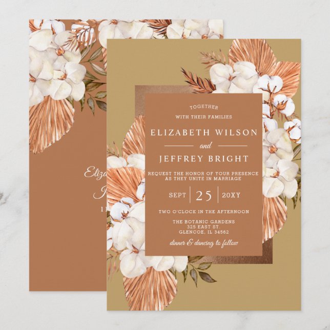 Invitation Rustique Terracotta Gold Boho Pampas Mariage (Devant / Derrière)