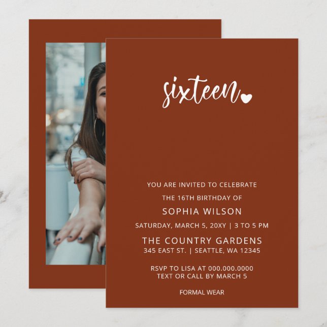 Invitation Rustique Terracotta Script Sweet 16 Anniversaire P (Devant / Derrière)