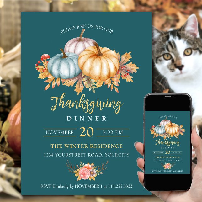 Invitation Rustique Thanksgiving citrouilles floraux turquois (Thanksgiving dinner invitations fall colors pumpkins leaves rustic teal yellow color)