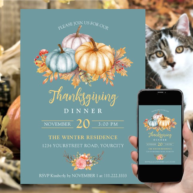 Invitation Rustique Thanksgiving floral citrouille bleu (Rustic colorful blue Thanksgiving dinner invitation pumpkins)