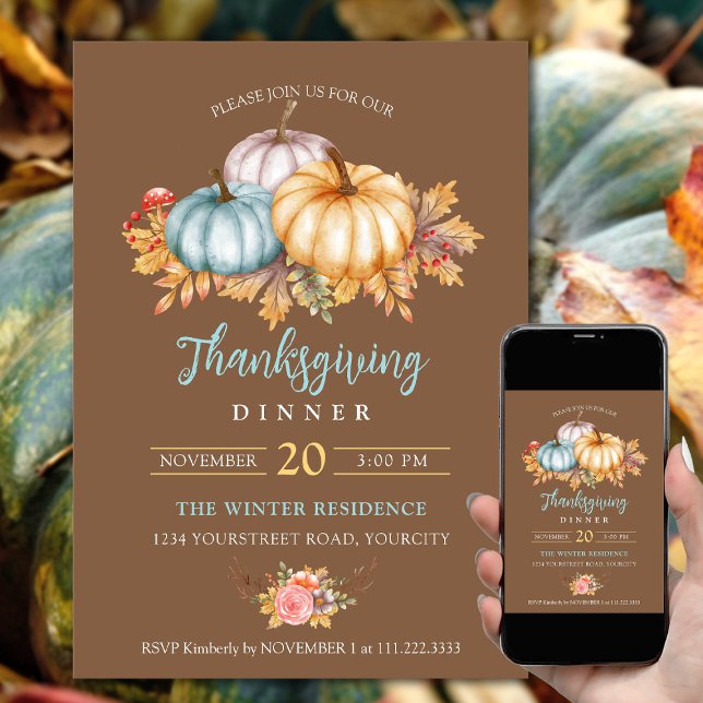 Invitation Rustique Thanksgiving floral citrouille brun bleu (Thanksgiving dinner invitations fall colors pumpkins leaves rustic brown blue yellow color)