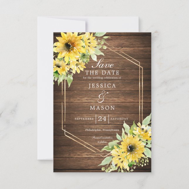 Invitation Rustique Tournesol Vert Mariage Enregistrer La Dat (Devant)