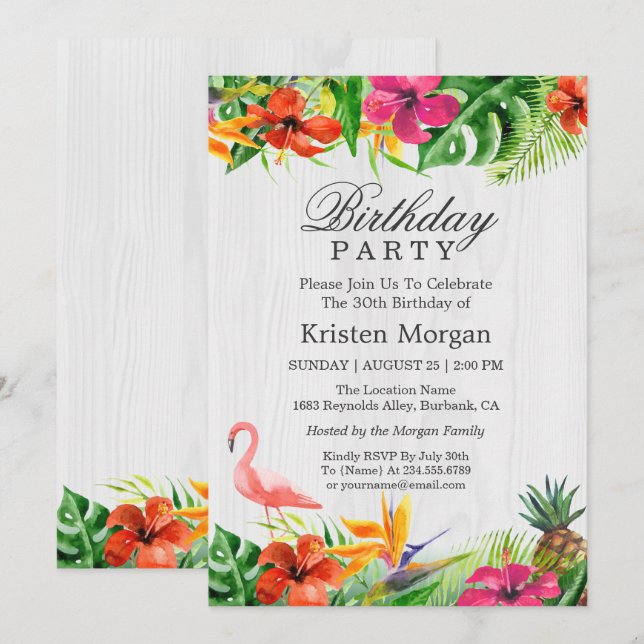 Invitation Rustique Tropical Floral Flamant rose fête d'anniv (Devant / Derrière)