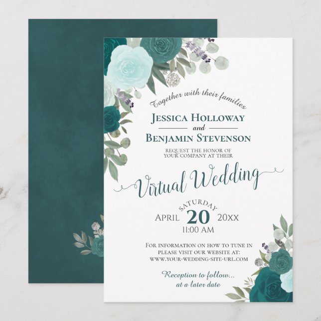 Invitation Rustique Turquoise aquarelle Floral Mariage virtue (Devant / Derrière)