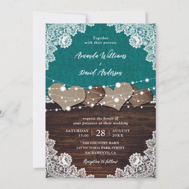 Invitation Rustique Turquoise Burlap dentelle lumière Mariage (Devant)