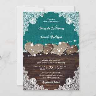 Invitation Rustique Turquoise Burlap dentelle lumière Mariage
