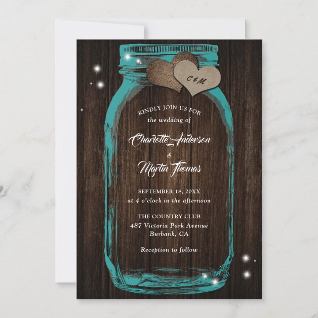 Invitation Rustique Turquoise Burlap Heart Mason Jar Mariage (Devant)