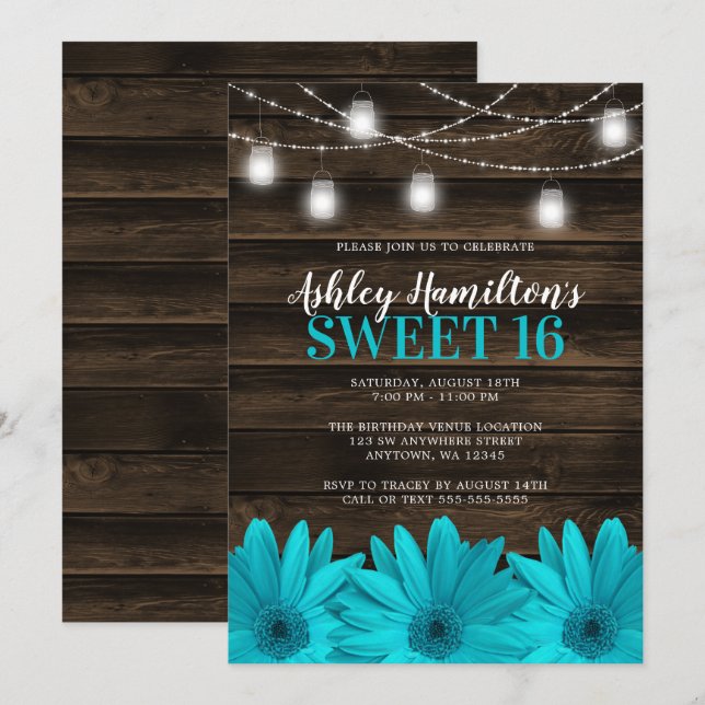 Invitation Rustique Turquoise Daisy Mason Jar Lumière Sweet 1 (Devant / Derrière)