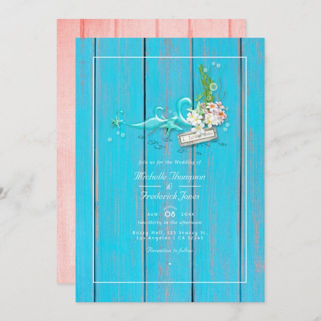 Invitation Rustique Turquoise et Coral Beach QR Code Mariage (Devant / Derrière)