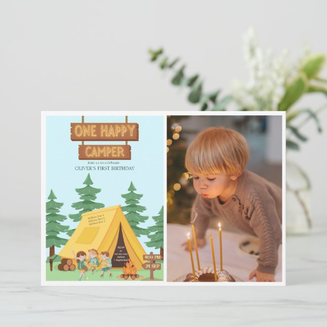 Invitation Rustique un heureux camper photo premier anniversa (Debout devant)