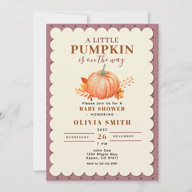 Invitation Rustique un petit Citrouille Baby shower d'automne (Devant)
