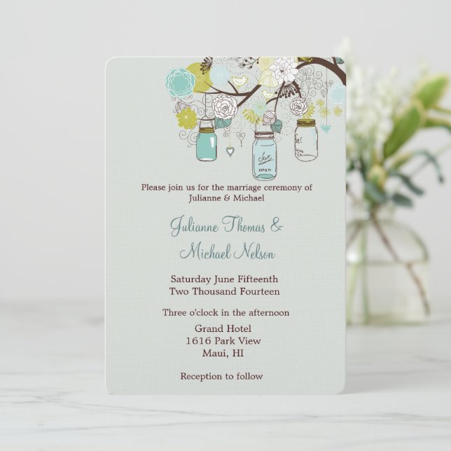 Invitation Rustique Vert Bleu Vert Mason Jarres Mariage (Debout devant)