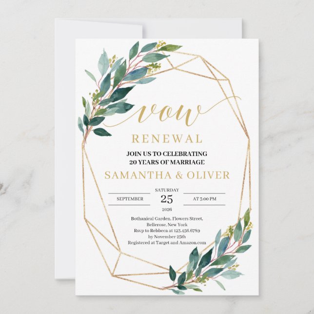 Invitation Rustique vert eucalyptus or cadre voeu renouvellem (Devant)