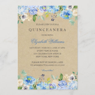 Invitation rustique vintage bleue pour Quinceanera