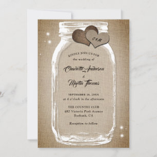 Invitation Rustique Vintage Burlap Hearts Mason Jar Mariage