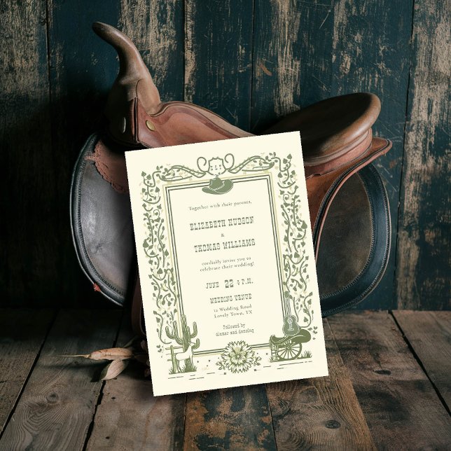 Invitation Rustique Vintage Cowboy Mariage Botanique Sage Ver (cowboy country western wedding invitation botanical frame sage green hat horse cactus barn elegant)